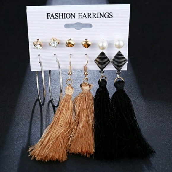 Fringe Earring Hoop Earring Pearl Heart Stud Statement Earring Set - Picture 2 of 5
